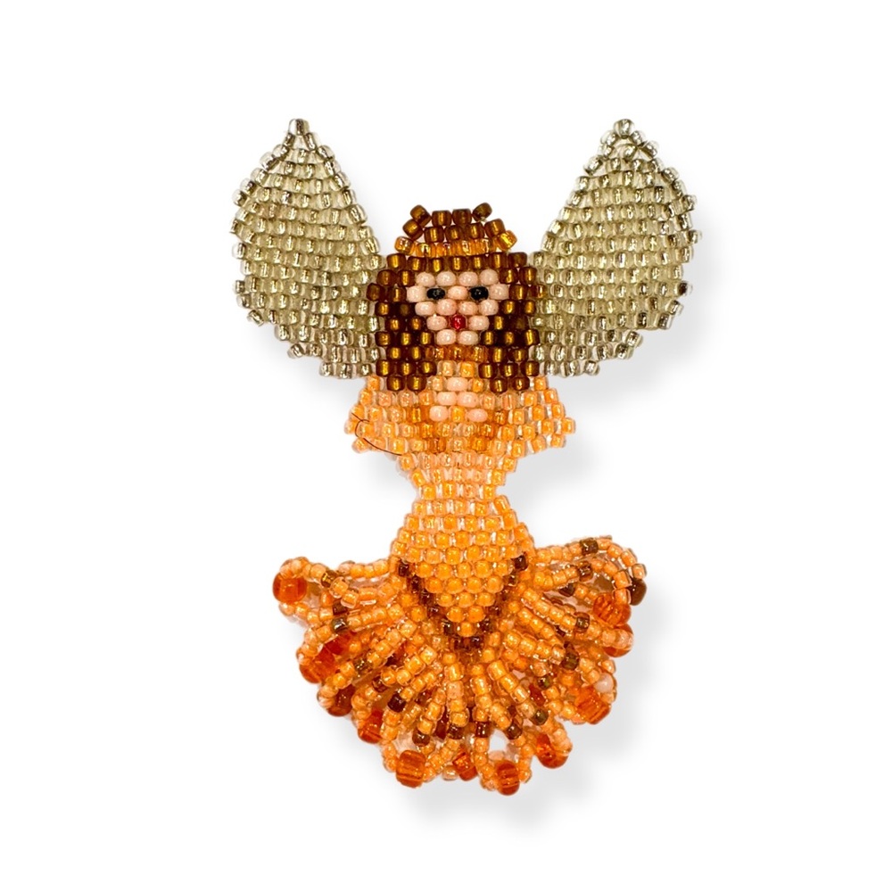 Vintage Handcrafted Beaded Angel Brooch Pin in Orange and Gold
